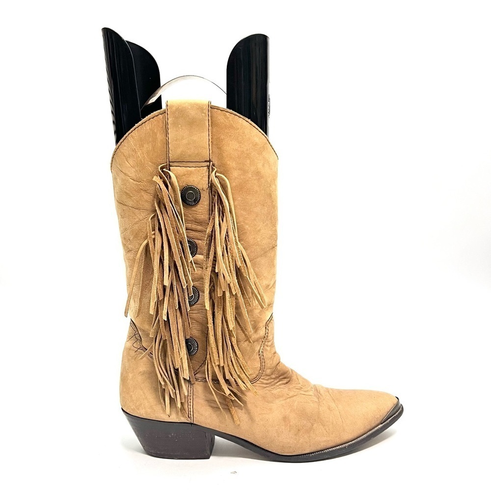 Vintage 1980s women's tan nubuck leather mid calf fringe western boots